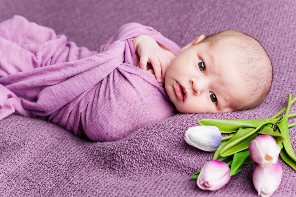 Baby wrapped in purple swaddle blanket lies on purple fabric next to pink tulip flowers.