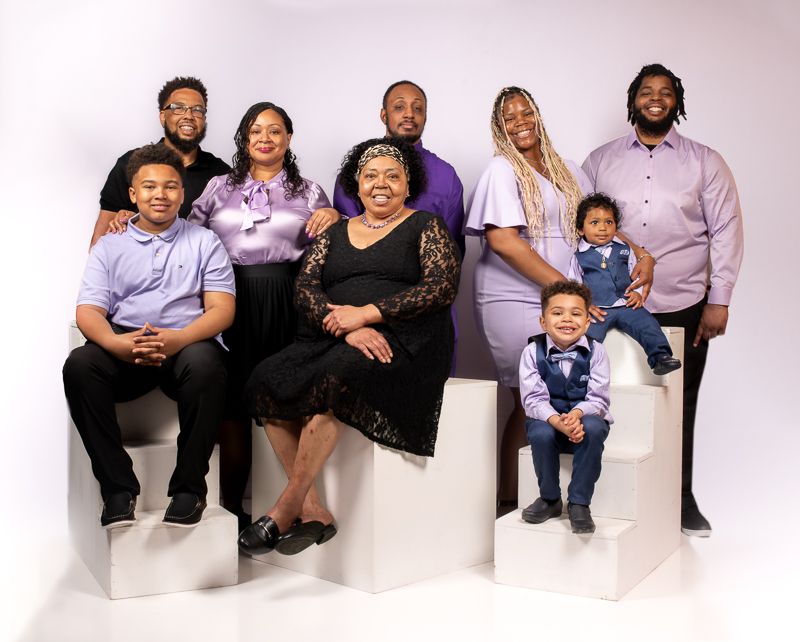 Family portrait series on white background showing multiple generations in casual attire.