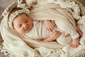 This is a lovely and serene newborn photo. The peaceful sleeping pose, combined with the soft, neutral tones, creates a warm and cozy feel.