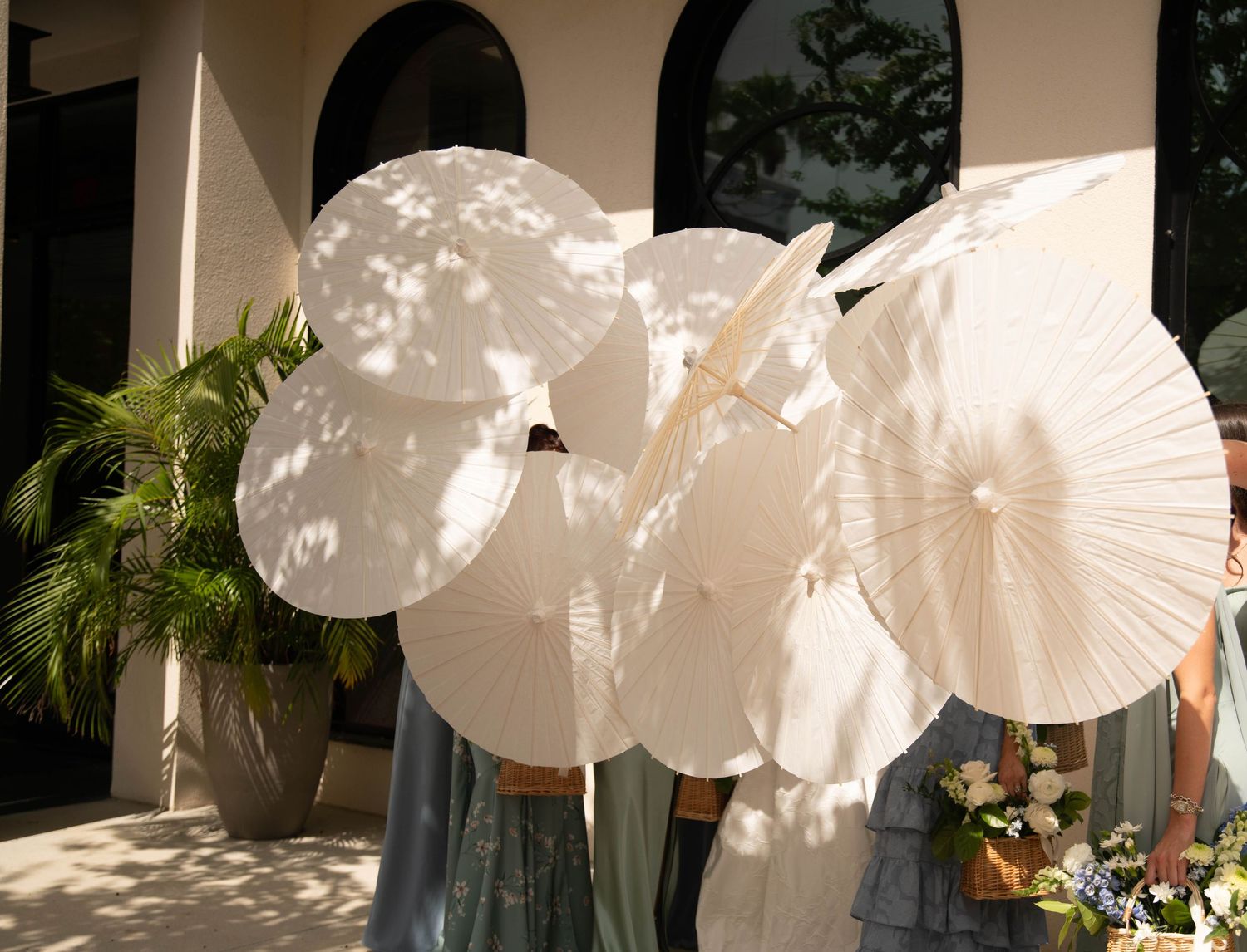 White paper parasols cast dappled shadows on a wall in a tropical garden setting.