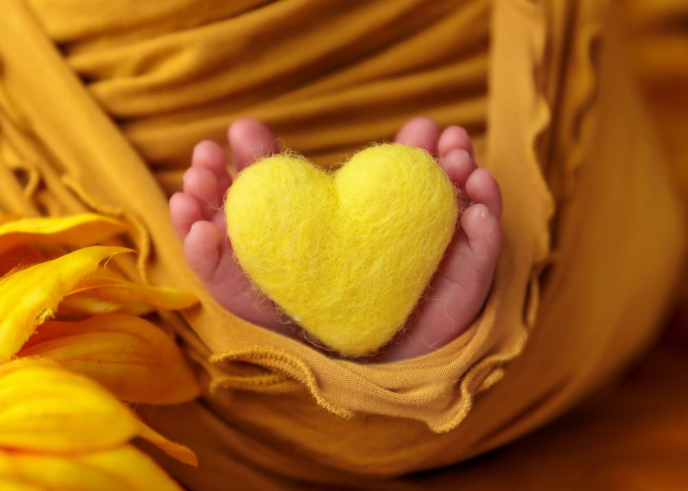 Close-up of newborn tiny hands holding a yellow felt heart wrapped in golden yellow fabric.