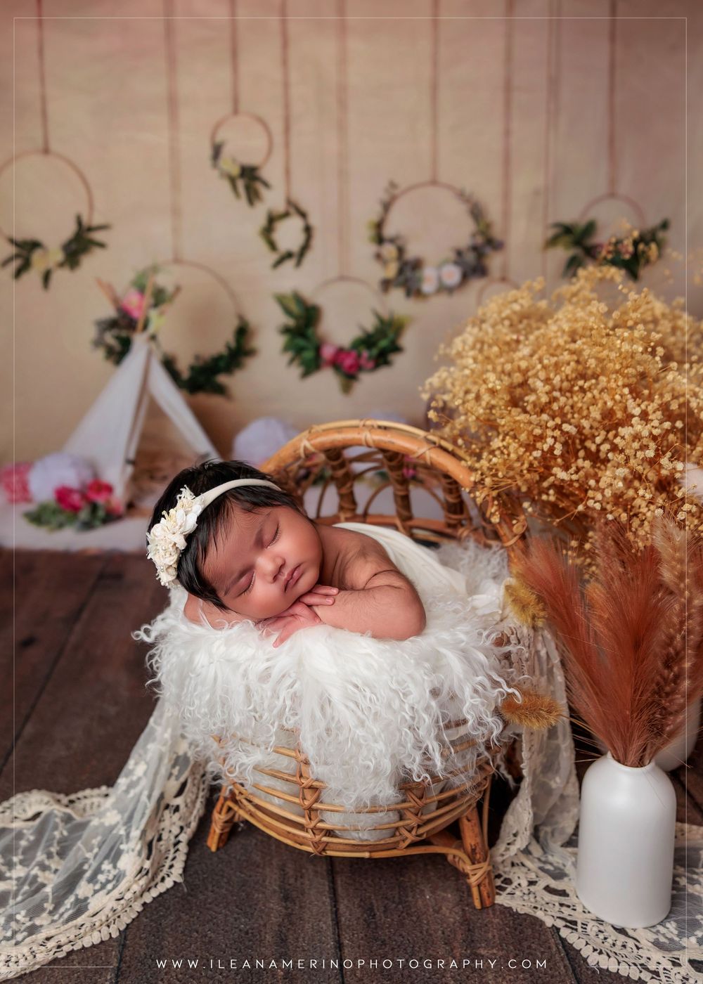 Sleeping newborn in white fluffy wicker basket with boho dreamcatcher backdrop and dried floral decor.