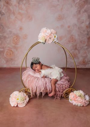Sleeping newborn wearing a crown rests in a pink fluffy gold carriage prop with roses.