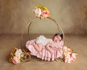 Sleeping newborn baby in pink dress with angel wings resting in a golden Cinderella carriage prop.