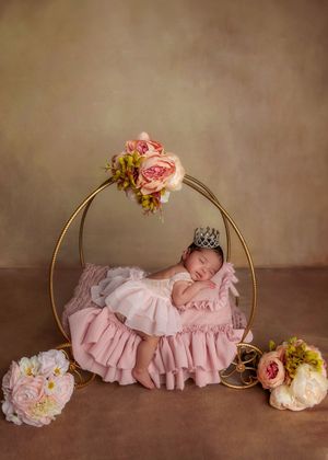 Sleeping newborn baby girl in pink ruffled dress with crown headband in a gold circular floral prop.