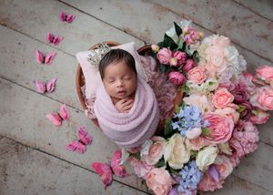 Sleeping newborn wrapped in pink swaddle in basket surrounded by pink roses and butterflies.
