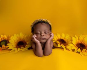 Sleeping newborn baby with sunflower headband posed between sunflowers on yellow background.