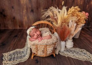 Sleeping newborn in wicker basket with lace blanket and dried pampas grass arrangement.