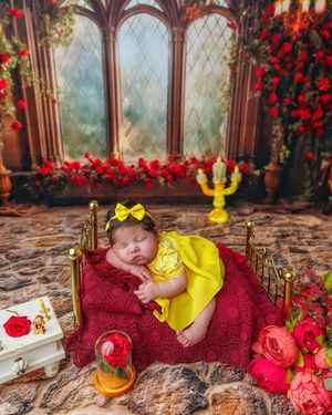 Newborn baby girl in yellow Belle dress sleeping on red miniature bed with roses and castle backdrop.