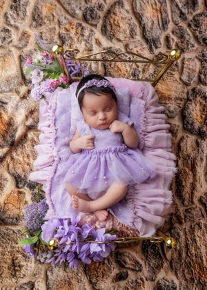 Newborn baby girl in lavender tutu dress sleeping on miniature gold bed with purple flowers.