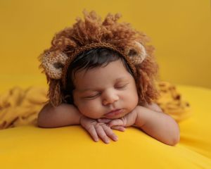 Adorable newborn baby wearing a knitted lion mane hat sleeping on yellow background.