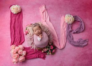 Newborn baby posed in purple wrap spelling LOVE with pink and purple fabric and roses.