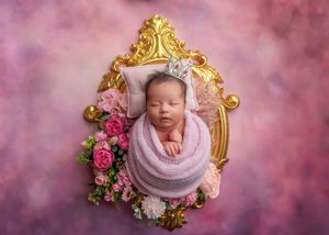 Sleeping newborn in pink wrap nestled in ornate gold frame with floral decorations.