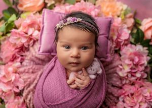 Alert newborn baby wrapped in mauve swaddle lying among pink hydrangeas holding a tiny stuffed bear.