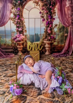 Baby in purple outfit sleeping on a miniature gold bed with floral arch backdrop and one sign.
