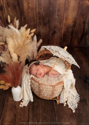 Newborn baby sleeping in wicker basket with lace umbrella and pampas grass decor.