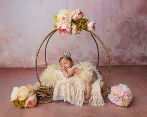 Newborn baby with crown sleeping in miniature golden carriage decorated with pastel peony flowers.