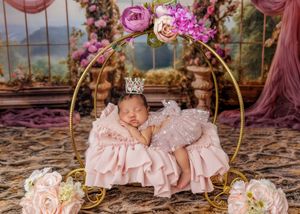 Sleeping newborn in pink ruffled dress with crown resting in gold circular arch with flowers.