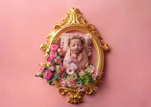 Sleeping newborn in pink wrap with floral crown displayed in ornate gold frame.