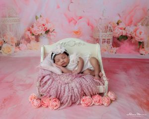 Sleeping newborn baby girl in white dress on pink miniature bed with roses and floral backdrop.