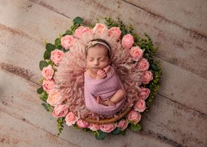Sleeping newborn baby girl wrapped in purple surrounded by pink roses.