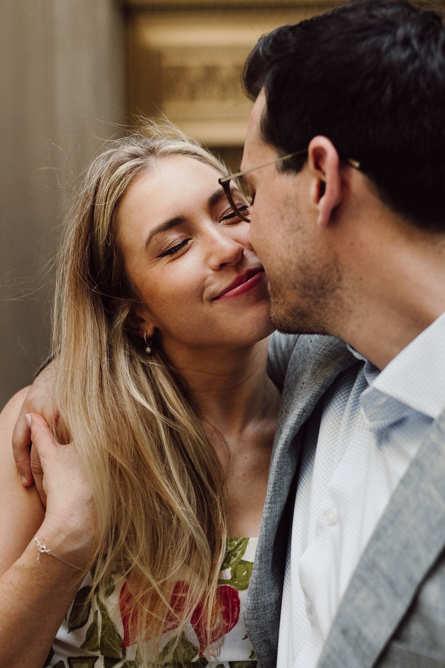 Tender sequence of a couple leaning in close together in a romantic series of shots.