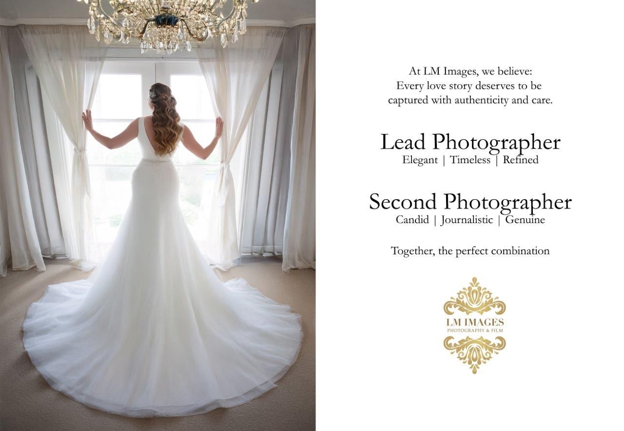 LM Images promotional photo showing bride in ballgown by window describing lead and second photographer roles.