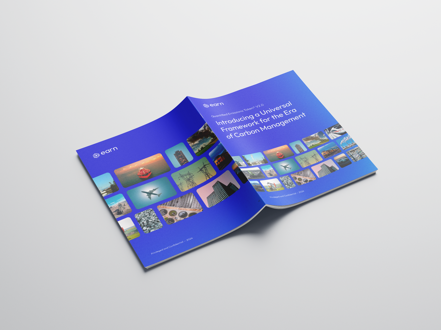 Open magazine mockup with blue cover showing grid of colorful project images.
