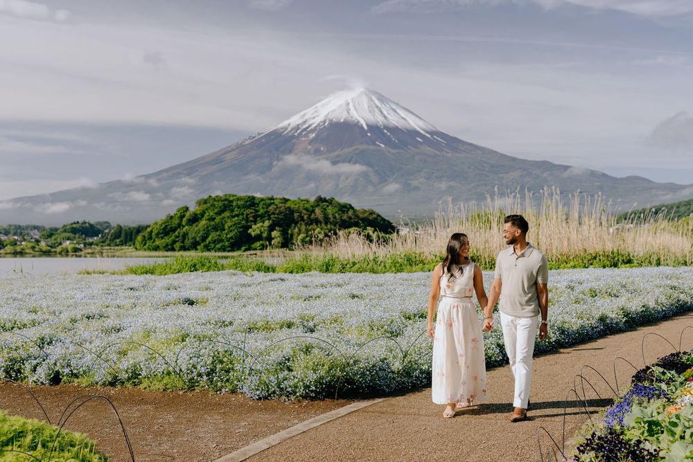 A couple walks on a path through blooming flowers with Mount Fuji rising majestically in the background.