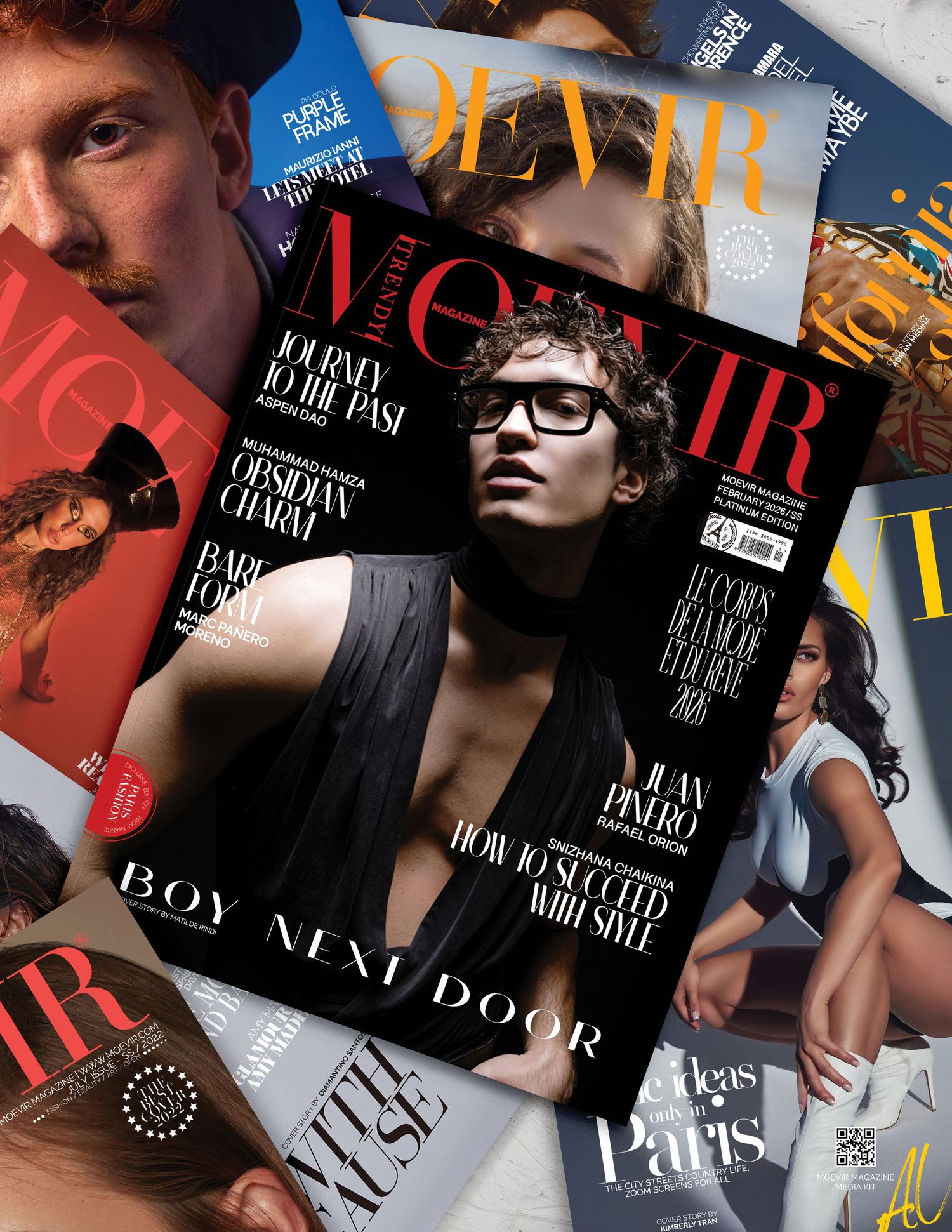 Collection of fashion magazine covers featuring artistic portraits and typography in dark and moody aesthetic styling.