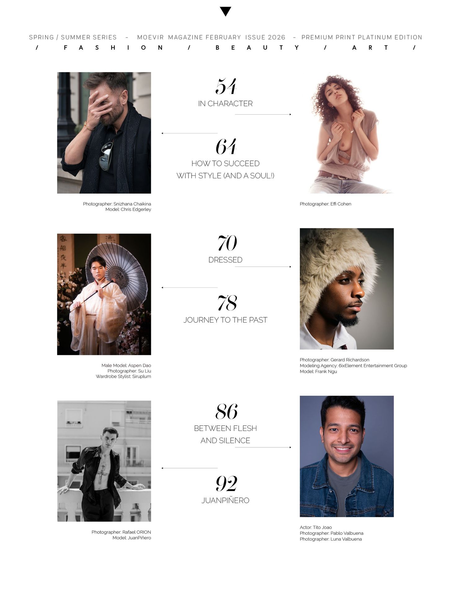 A grid layout of monochrome and color portraits showing artistic fashion and beauty photography compositions.