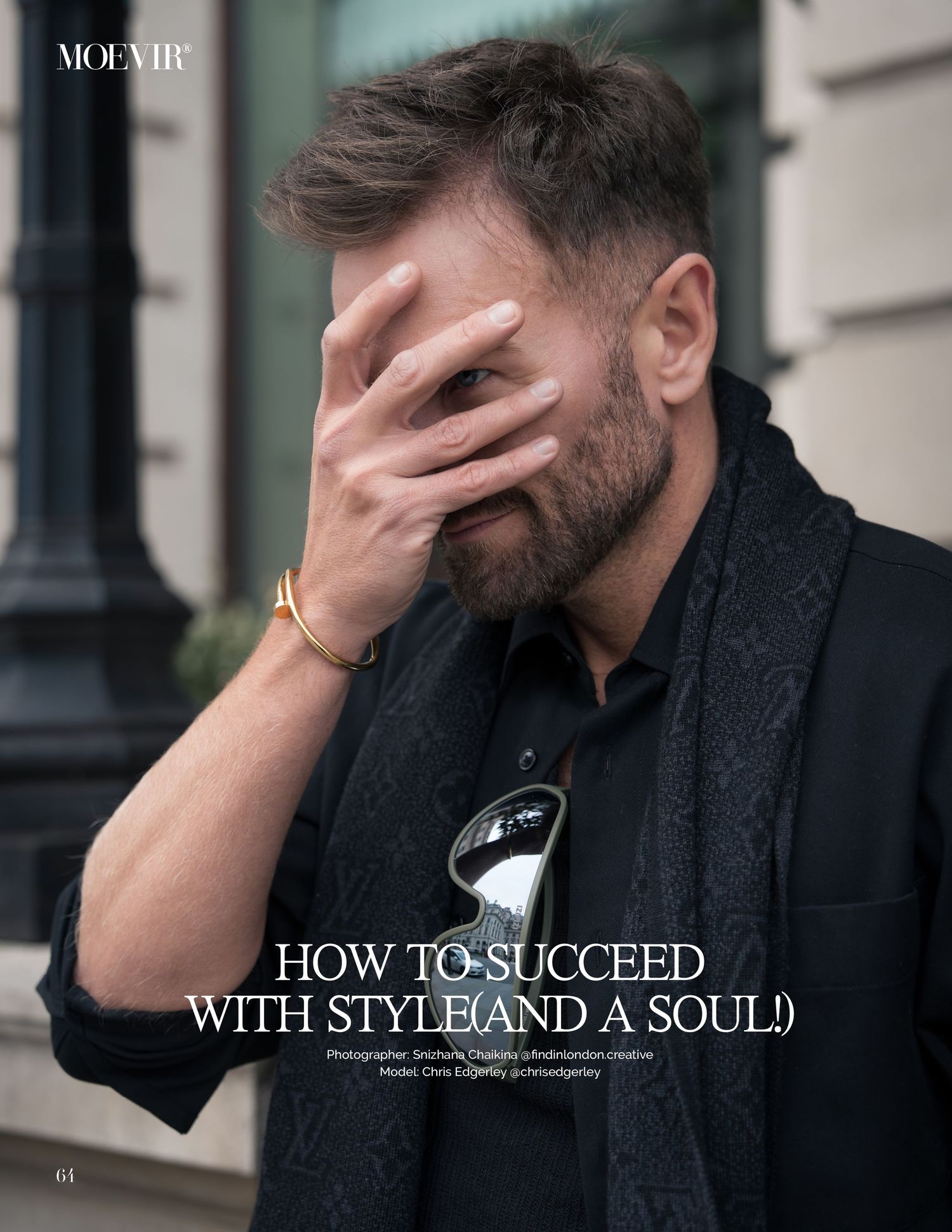 Stylish black and white fashion photo series showing person in dark coat covering face with hand against urban backdrop.