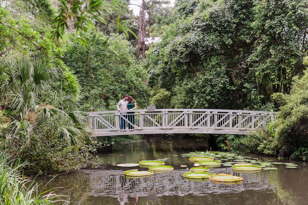 A scenic walking path winds through lush gardens with a decorative wooden bridge crossing over a tranquil pond.