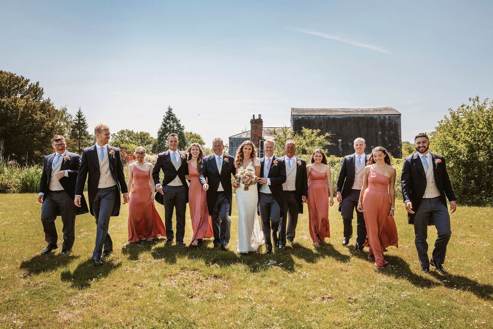 A wedding party stands in a line on a grassy hill during a sunny outdoor celebration.