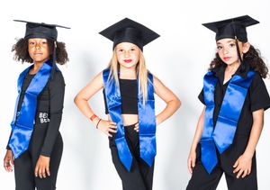 Sequence of graduation photos showing graduates in black caps and gowns with royal blue stoles posing in various poses.