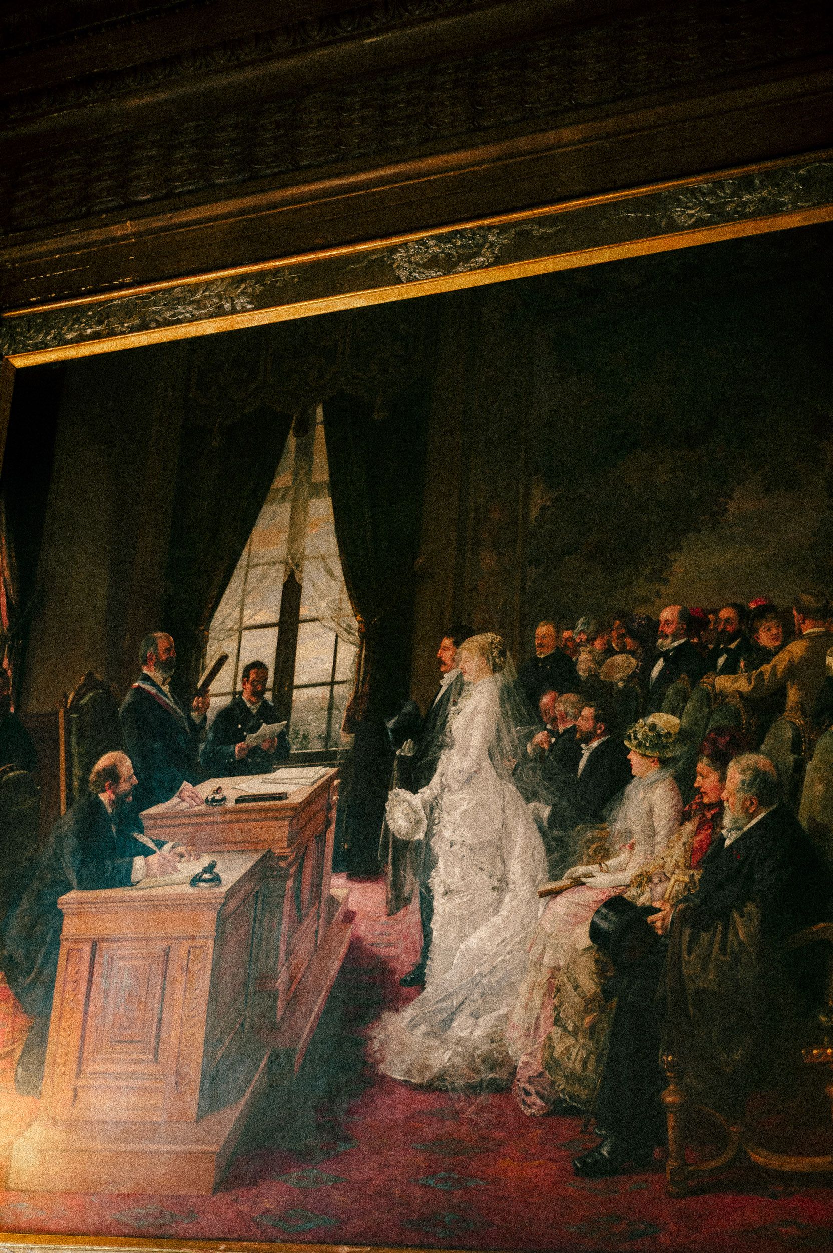 Historical painting depicting a Victorian era wedding ceremony with a bride in white dress and gathered crowd in formal attire.