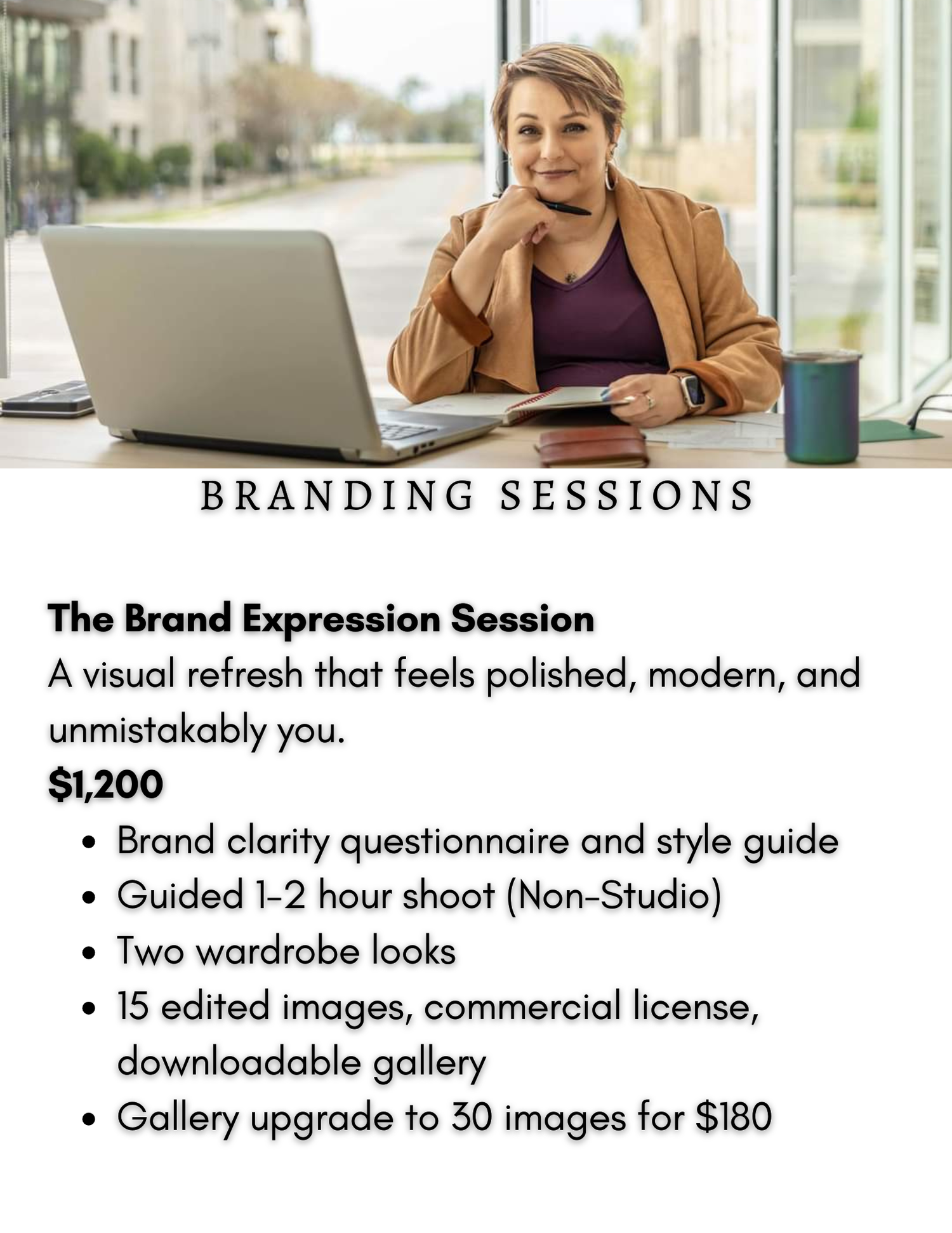 A price sheet featuring a woman sitting in an office setting with a laptop.