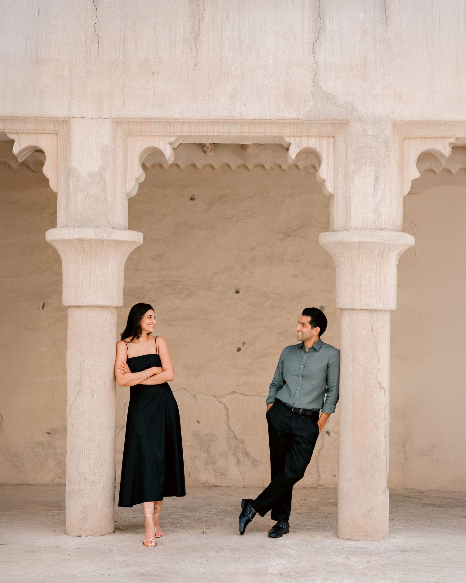 Stylish lifestyle couple session at heritage courtyard in Dubai