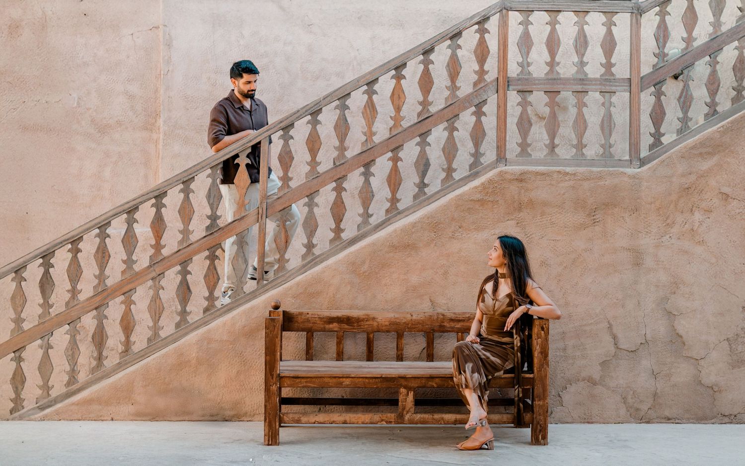 Creative engagement photoshoot with staircase composition in Dubai