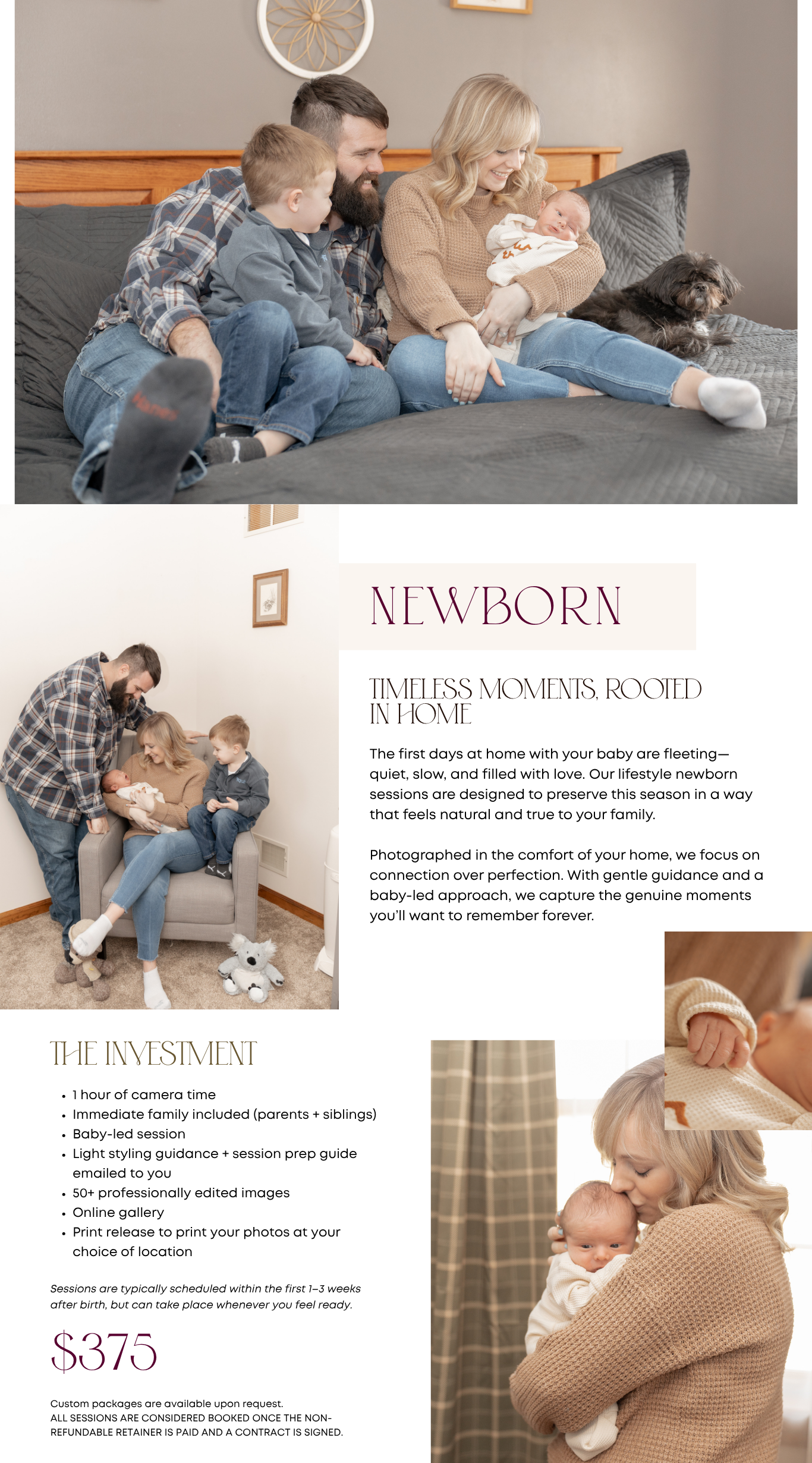 A collection of maternity photography marketing materials and pricing displays with outdoor photoshoot examples.