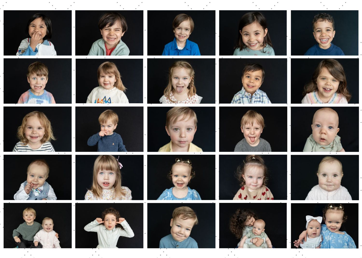 A photo collage grid showing multiple candid portraits of children in casual settings with various expressions and poses.