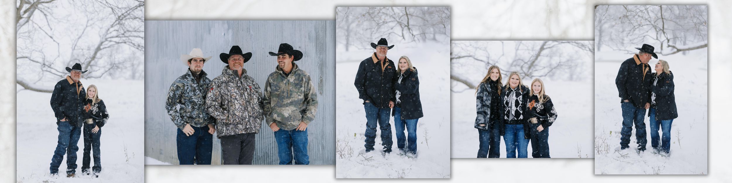 Family in cowboy hats poses together in snowy winter landscape wearing matching camo and dark jackets.