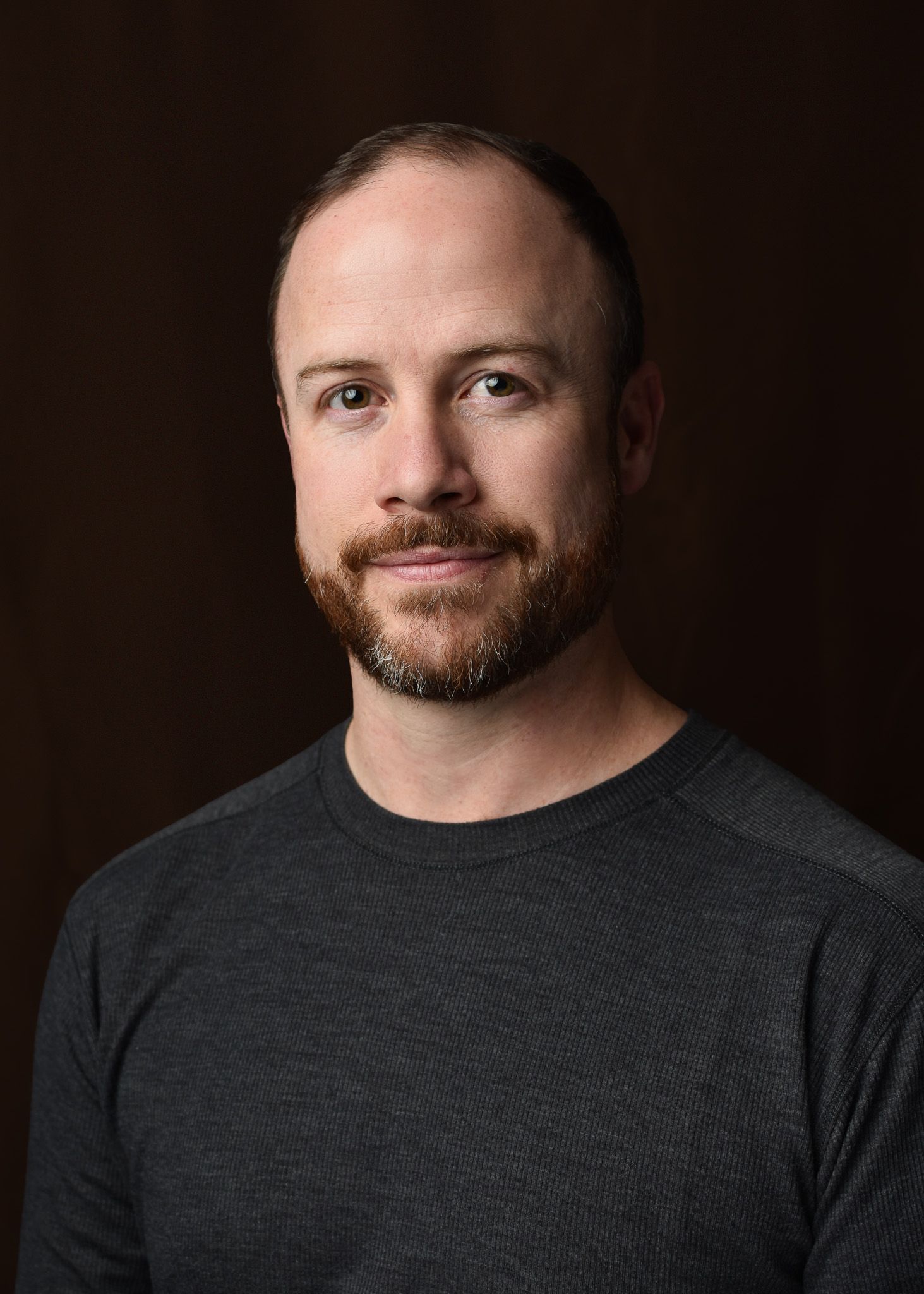 studio portrait, male, brown backdrop, gray sweater, beard, photography, single light