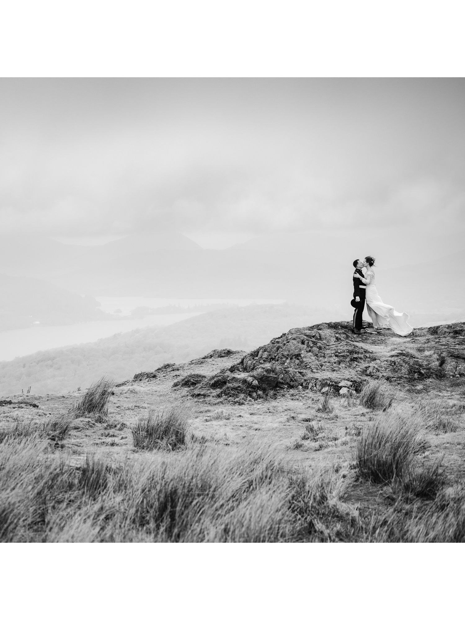 A series of black and white photographs showing silhouettes of people standing on grassy hilltops against cloudy skies.