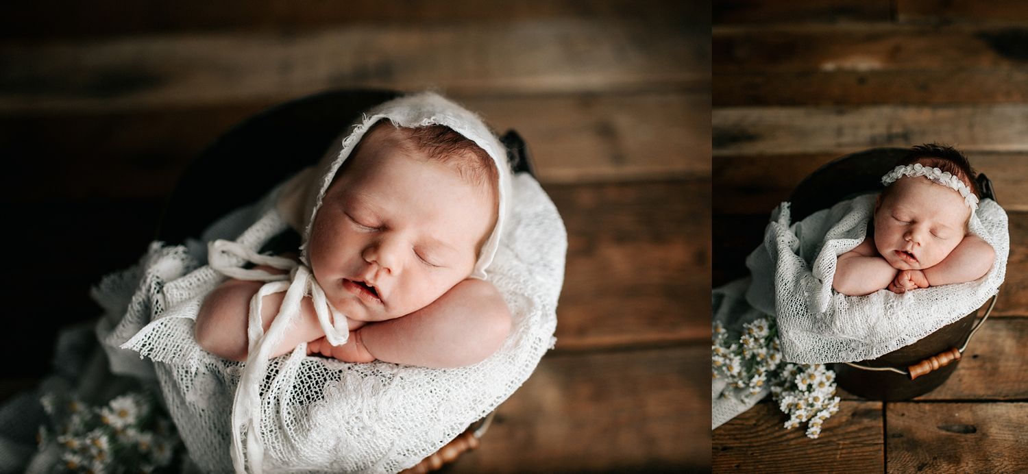 Newborn photography collage showing sleeping baby in soft white wraps and blankets against wooden backdrop.