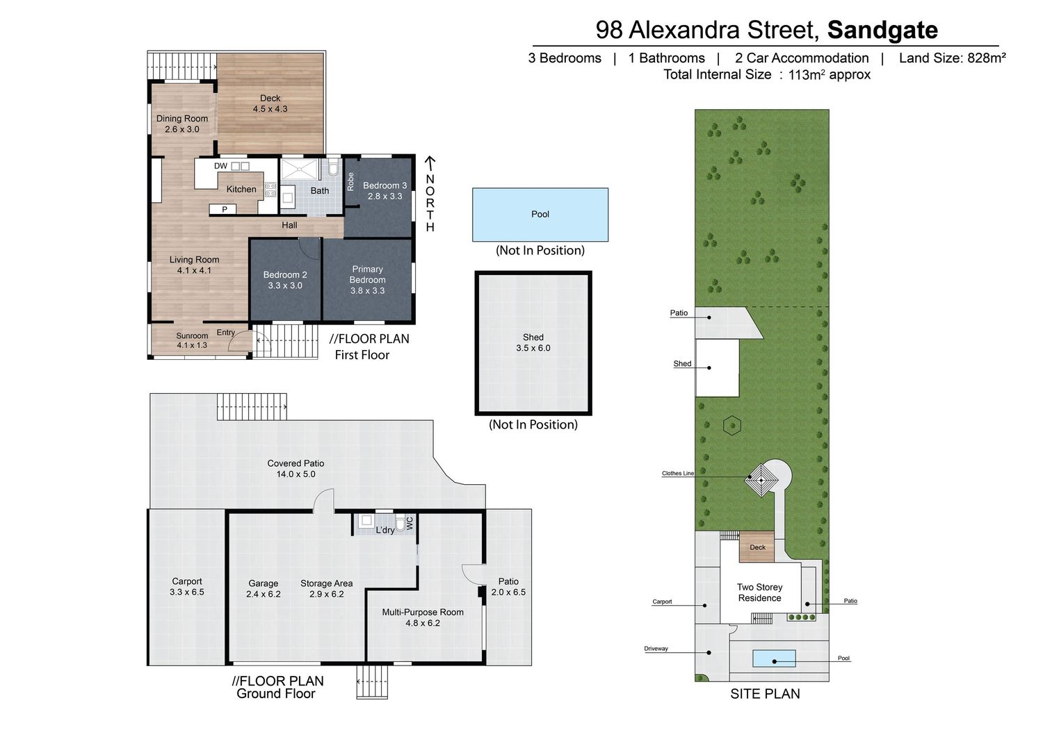 Floor plan of a home in Sandgate showing 3-bed 1-bath home with site plan on 828m² land.