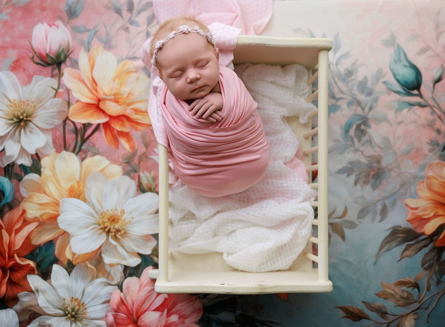 Newborn baby girl photographed in a tiny baby crib