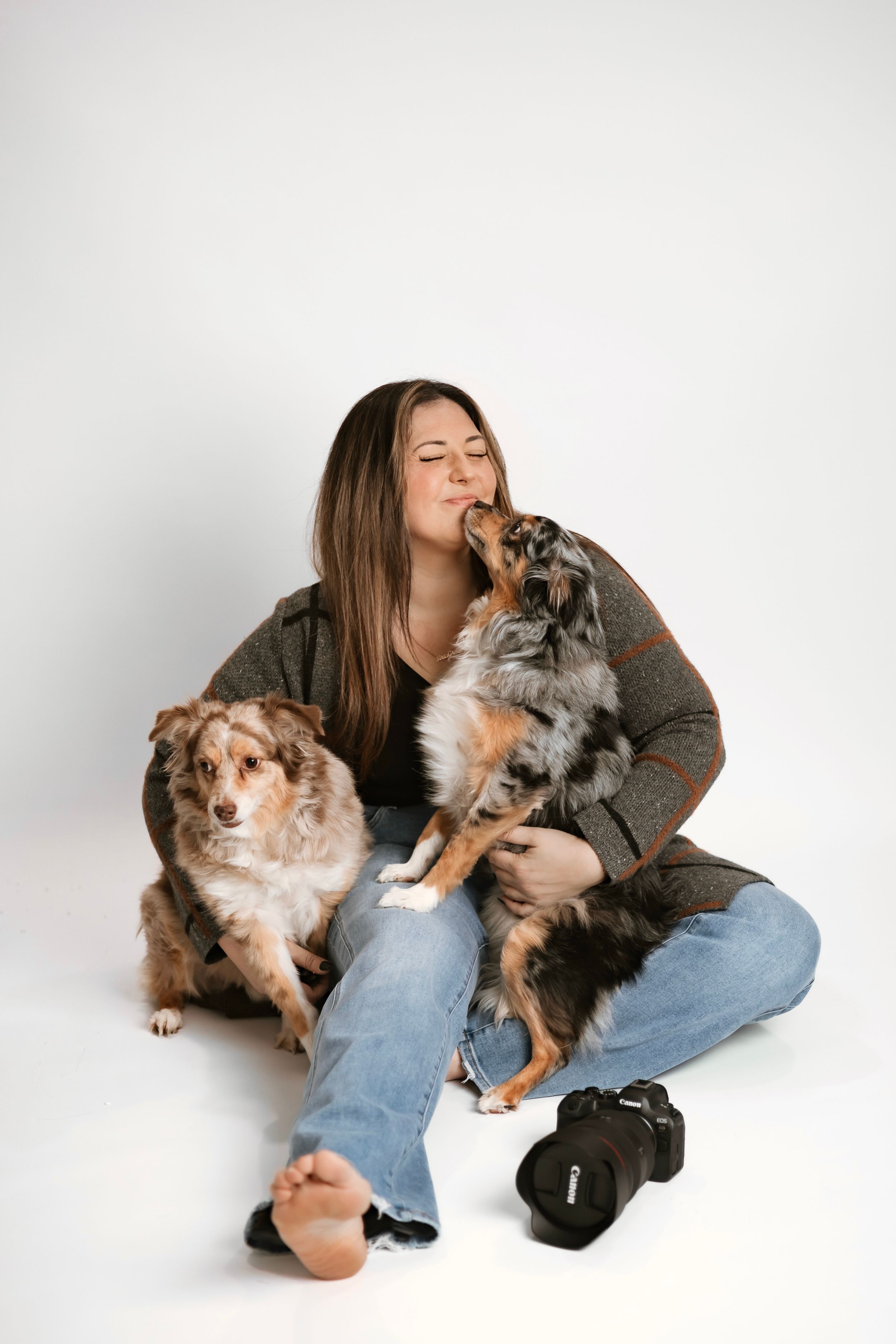 Woman sitting with two Australian Shepherd dogs being kissed by puppy on white background.