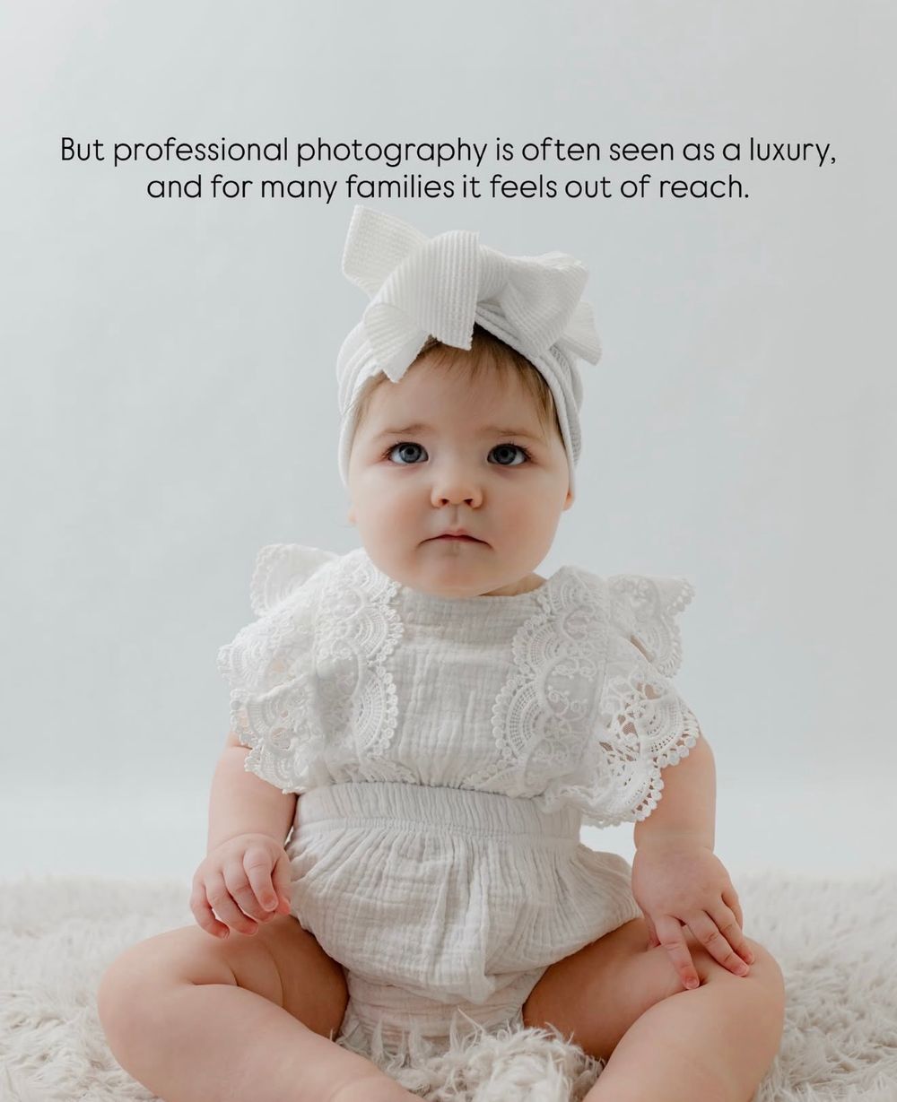 Baby in delicate white outfit sitting on white carpet with text about professional photography pricing.