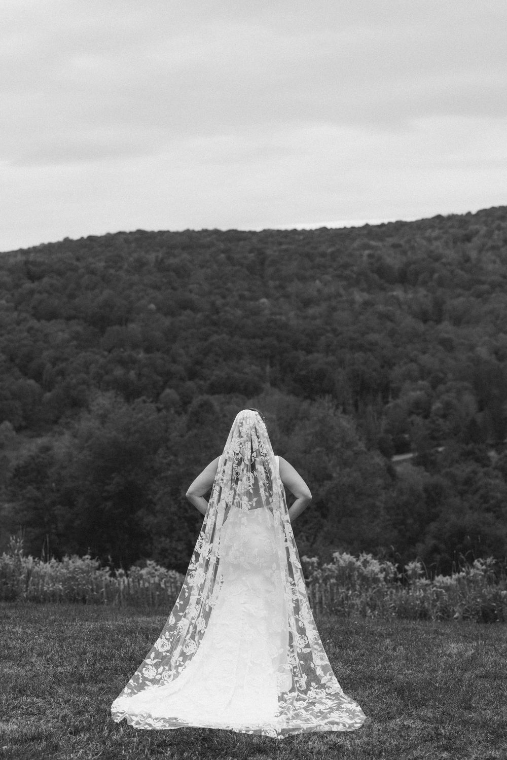 A bride in a flowing white dress stands alone in a field against a mountainous backdrop.